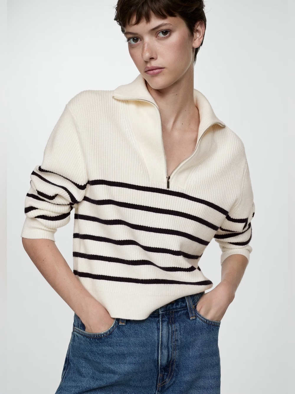Mango Navy striped sweater with zip NWT
